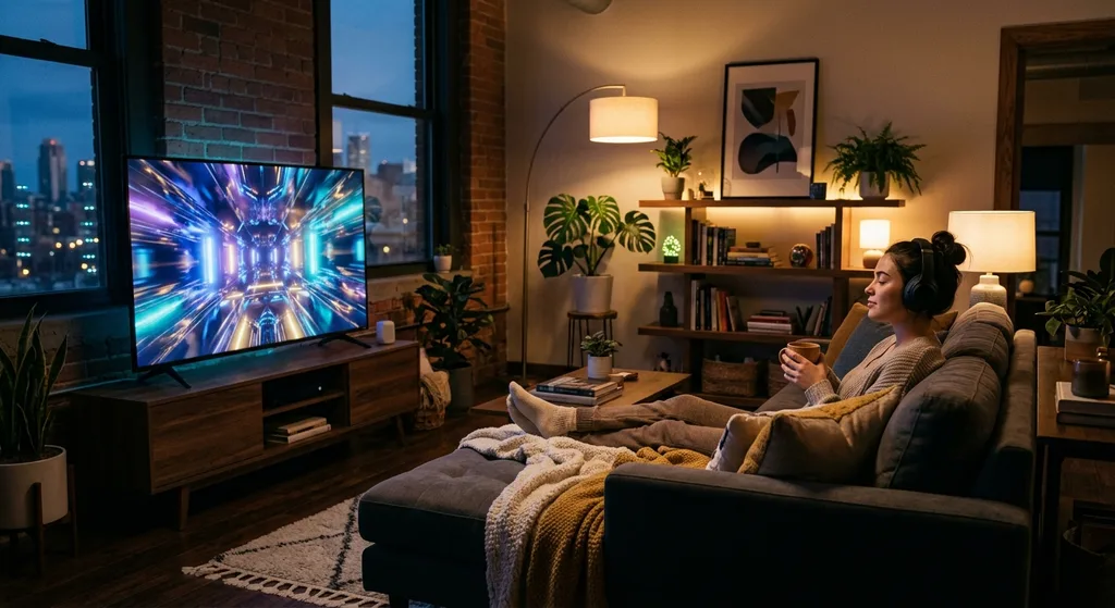 A person relaxing in a living room watching a glowing screen with abstract futuristic visuals, representing popular AI-themed shows