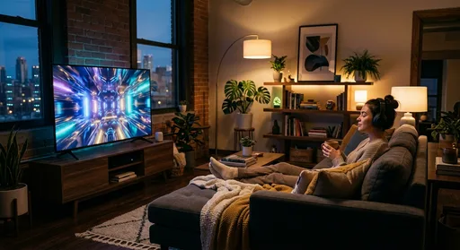 A person relaxing in a living room watching a glowing screen with abstract futuristic visuals, representing popular AI-themed shows