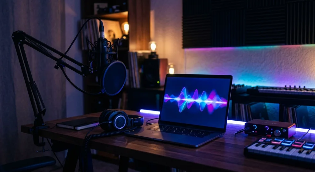 A home studio setup with headphones and a laptop showing abstract waveform visuals, representing AI-related audio content