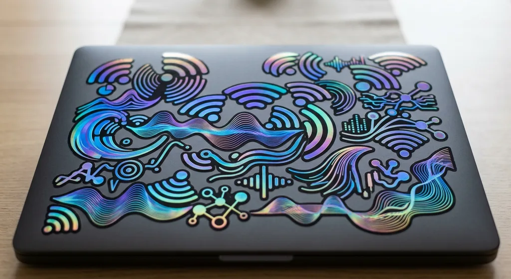 A laptop cover decorated with colorful holographic stickers featuring wave and signal icon designs