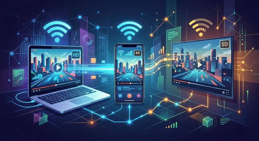 Abstract illustration of a video stream adjusting quality across a laptop, phone, and smart TV to represent adaptive bitrate streaming