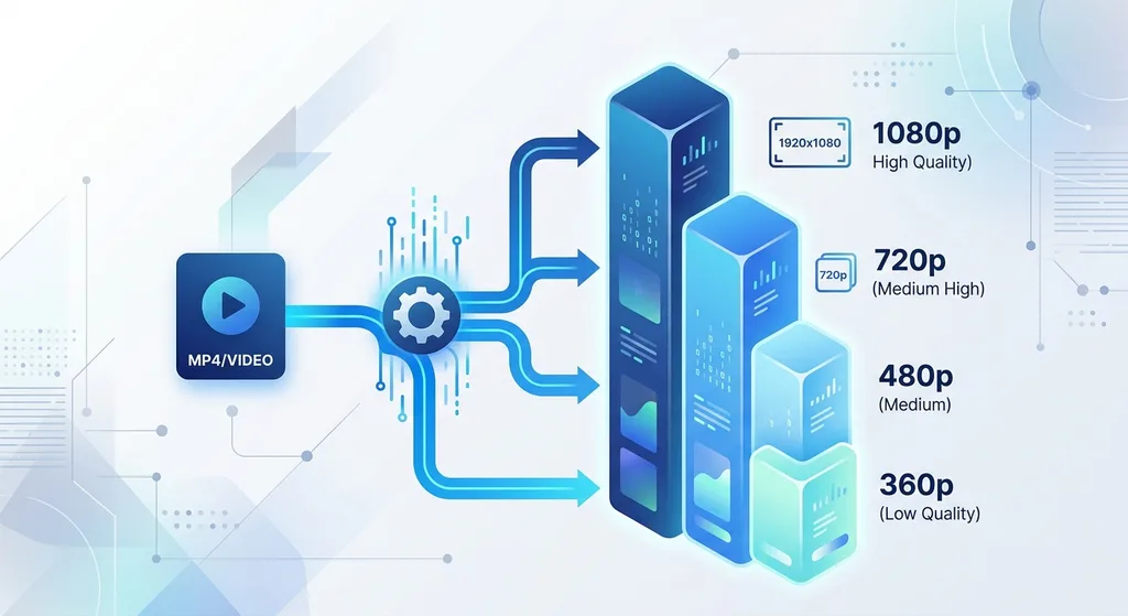 Illustration representing a video being encoded into multiple quality tiers for adaptive bitrate streaming