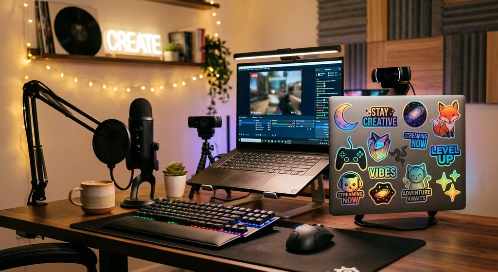 Creator desk setup with a laptop featuring decorative holographic stickers, representing a streamer's workspace