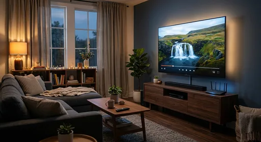 A living room setup showing a television streaming smoothly with a router in the background