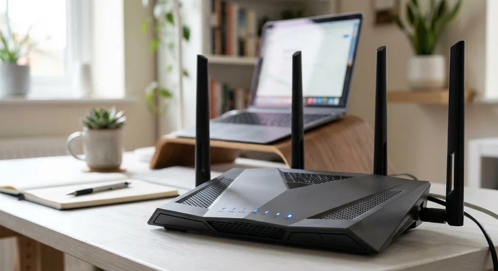 A modern home Wi-Fi router with glowing status lights