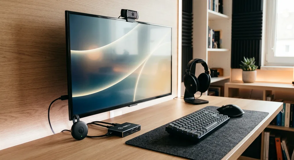 A streaming setup with a streaming stick, capture card, and webcam arranged on a desk