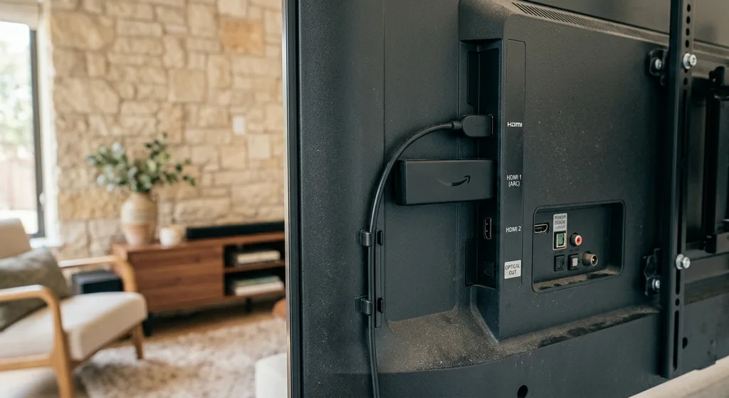 A streaming stick plugged into a television HDMI port