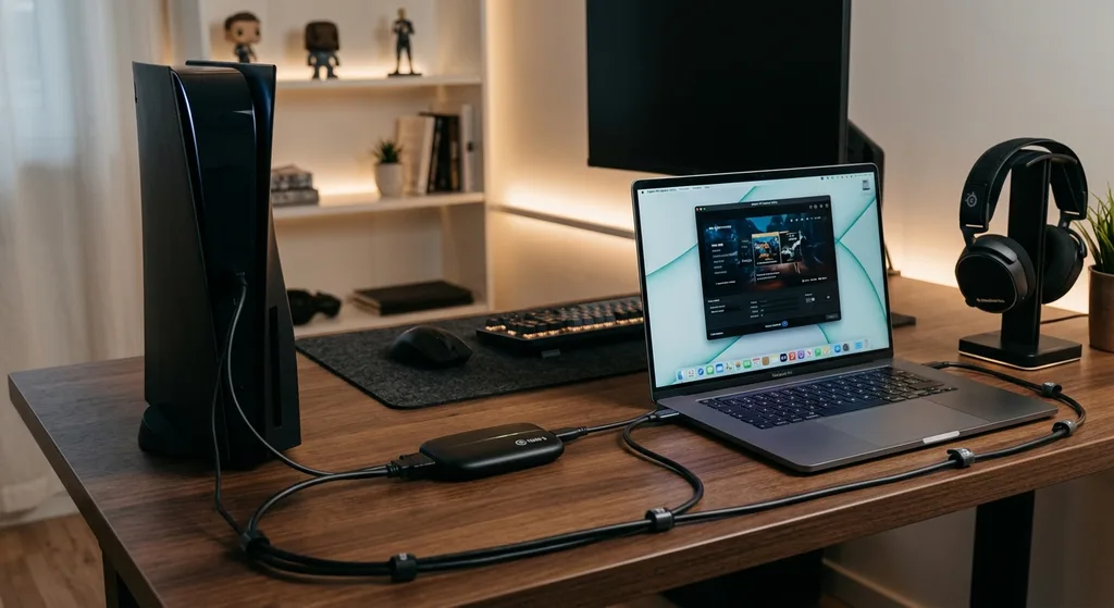 A capture card connected between a gaming console and a laptop