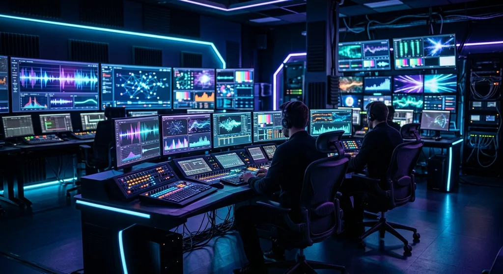 Futuristic streaming control room with glowing screens and neon lighting representing media technology innovation
