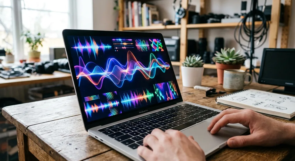 Laptop displaying streaming graphics and waveform visuals in a creative workspace