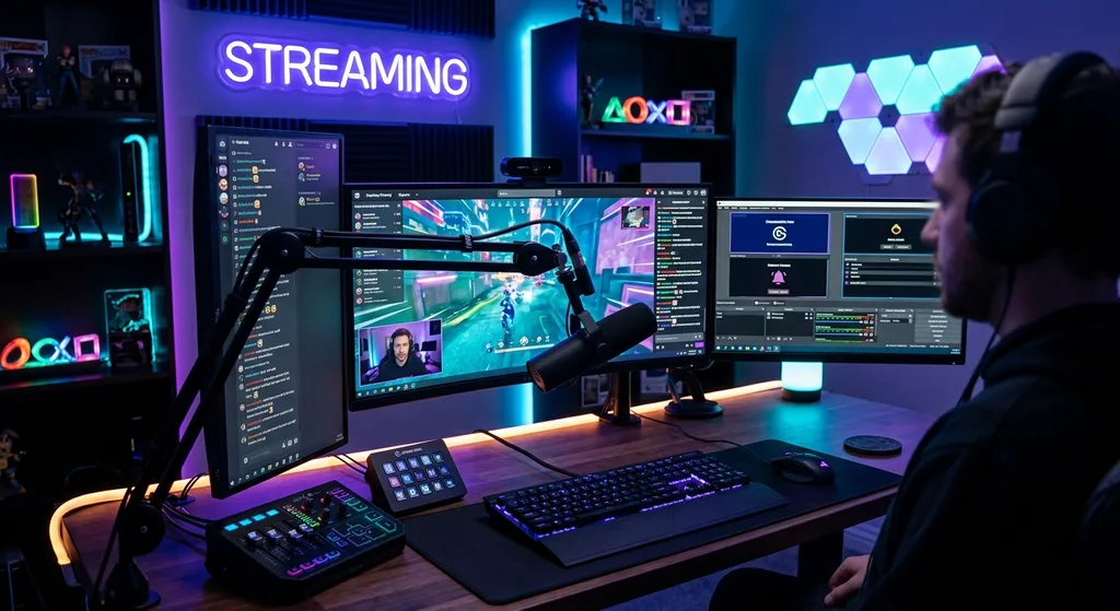 Content creator desk setup with monitors, microphone, and neon lighting for live streaming