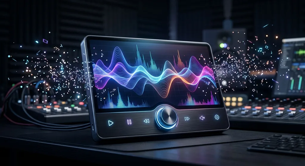 Abstract illustration of a glowing digital radio interface with sound waveforms, representing an AI radio station