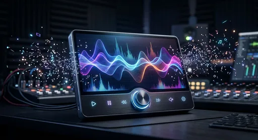 Abstract illustration of a glowing digital radio interface with sound waveforms, representing an AI radio station