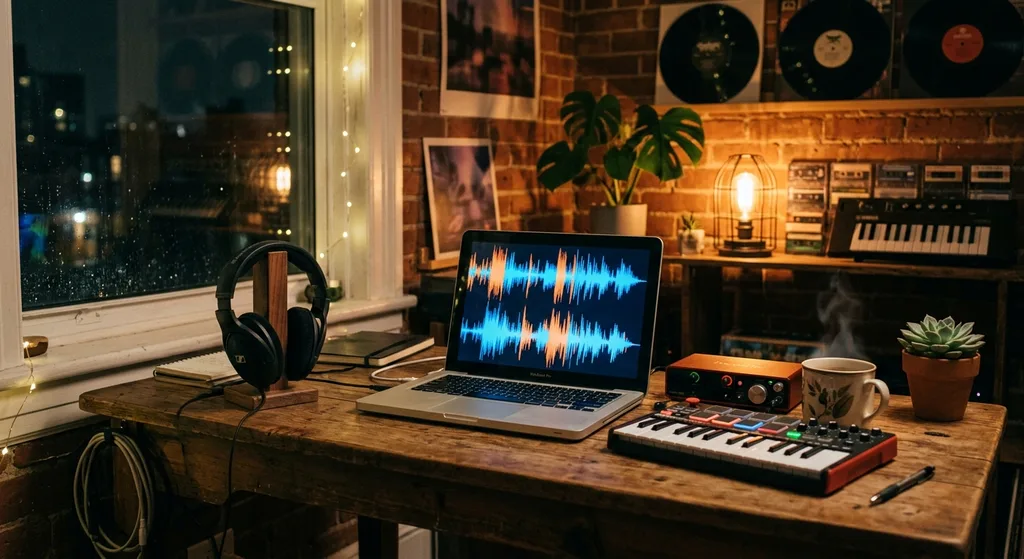 Home studio setup with headphones and a laptop showing audio waveforms, evoking a lo-fi listening environment