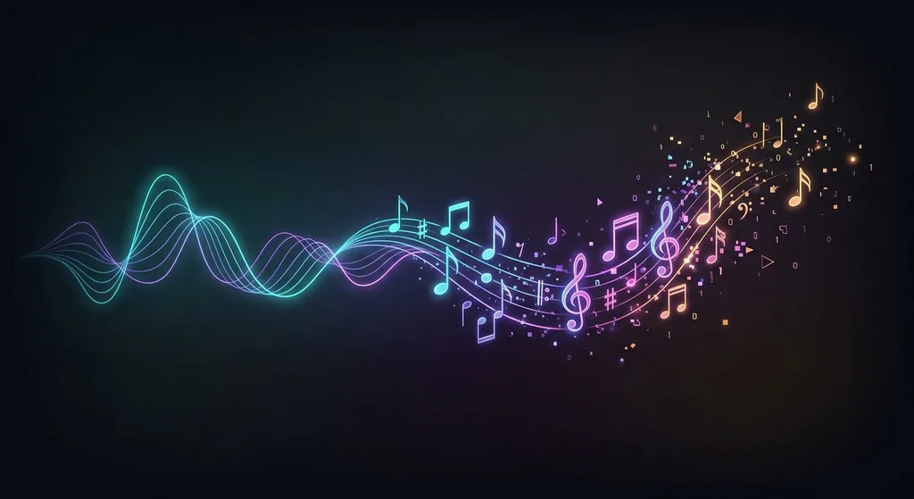 Illustration of sound waves transforming into musical notes, symbolizing AI-generated music