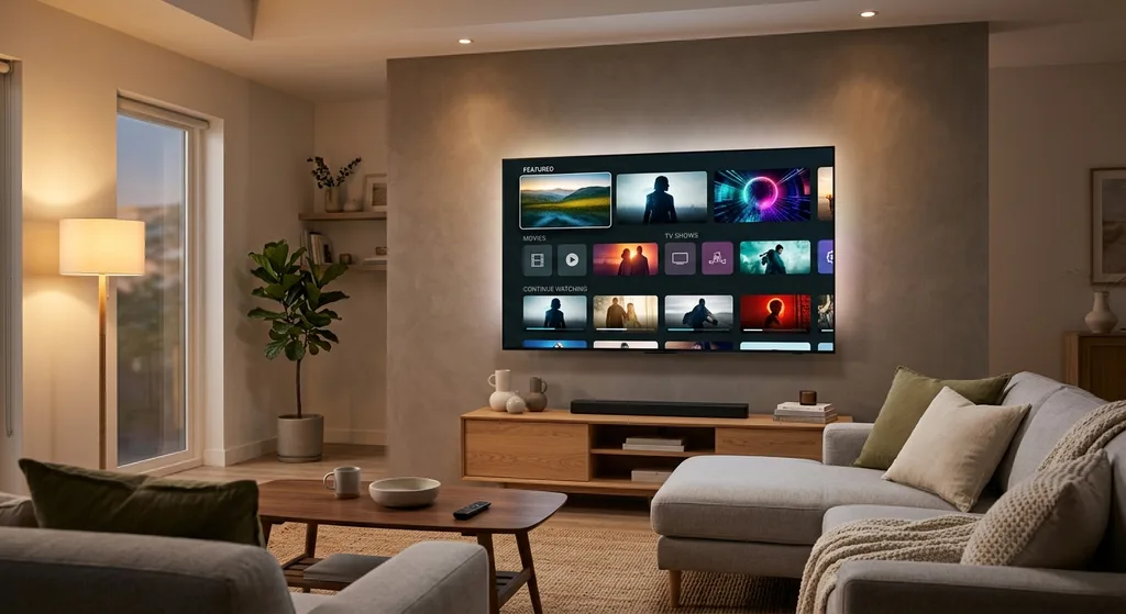 A television screen showing a streaming interface in a cozy modern living room