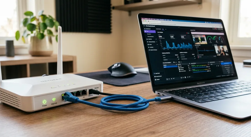 A router and ethernet cable next to a laptop displaying a streaming dashboard