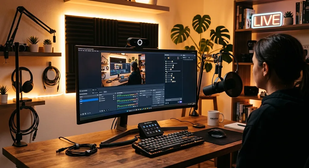 A streaming setup with a webcam, microphone, and monitor showing broadcasting software