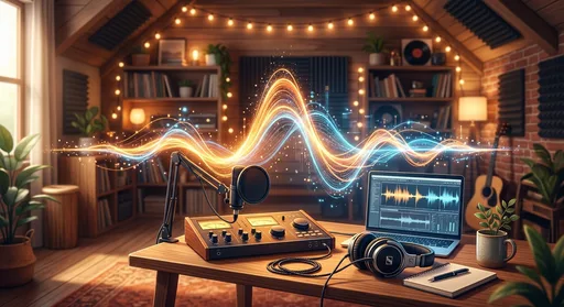 Illustration of a glowing audio waveform in a cozy studio setting representing smart AI-driven radio streaming