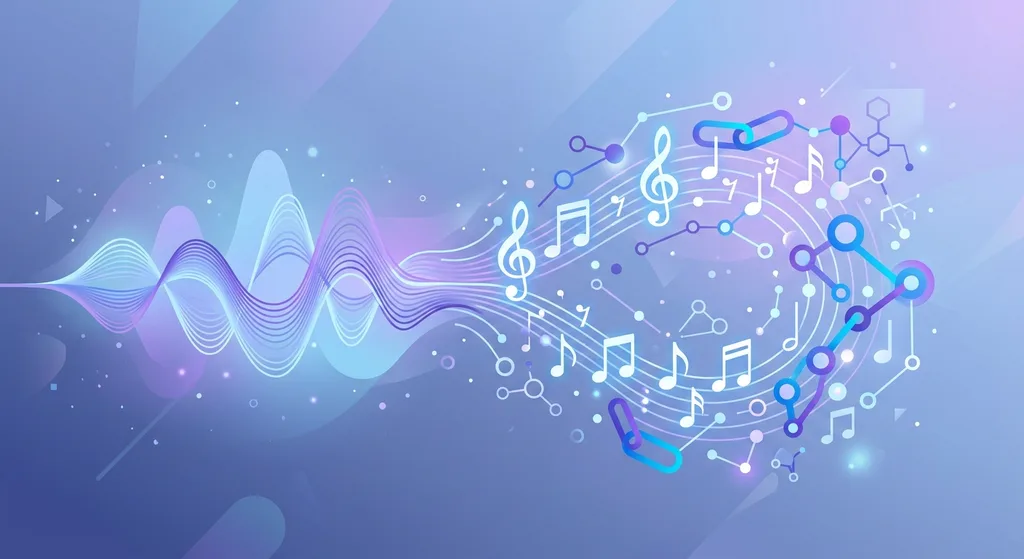 Abstract illustration of sound waves turning into data nodes representing algorithmic music curation