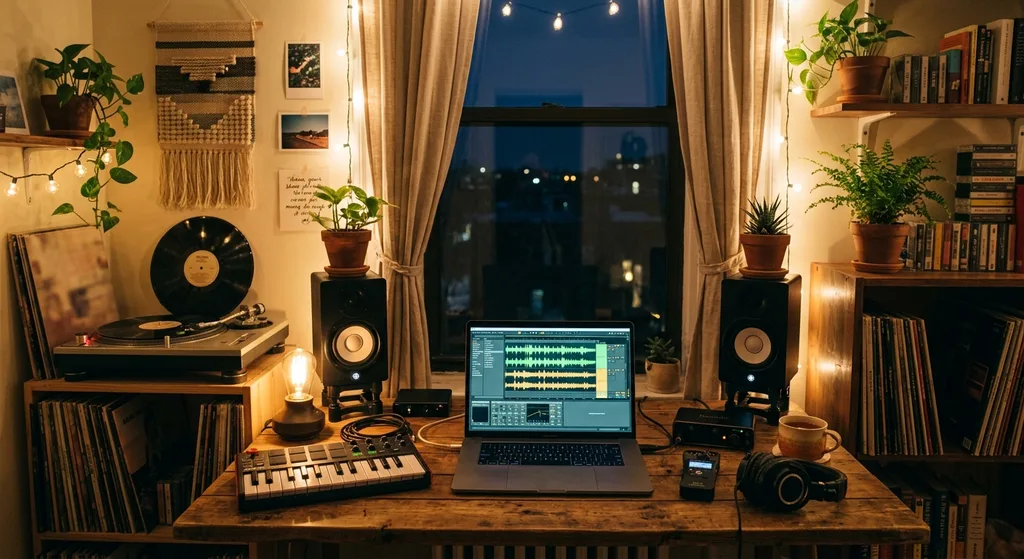 Home music production setup with waveform editing software on a laptop in warm lighting